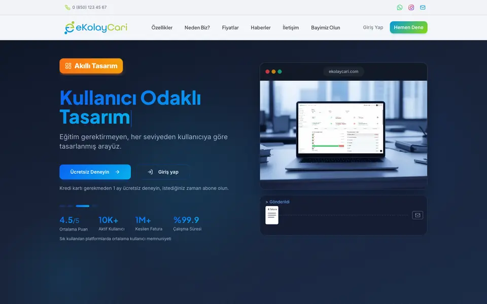 eKolayCari web sitesinin ana sayfası